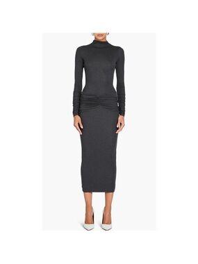SER.O.YA Fina Tea Length Dress Large Charcoal Grey Ruched Mock Neck Long Sleeve